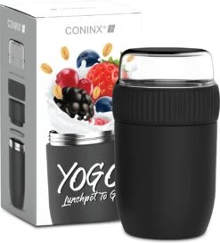 Coninx Thermos Lunchbox - Muesli Beker To Go - Isoleer Lunchpot - Yoghurtbeker To Go - Mueslibeker 840ml (600ml+240ml) - RVS / Zwart -Huishoudelijke Winkel 1086x1200