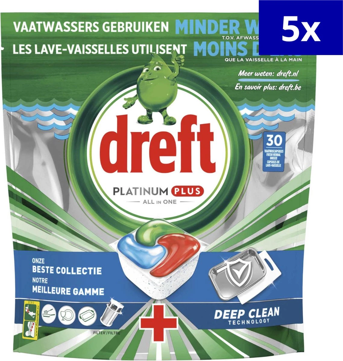 Dreft Platinum Plus All-in-One 150 Stuks (5 X 30 Vaatwastabletten) - Voordeelverpakking 3 Dreft Platinum Plus All-in-One 150 Stuks (5 X 30 Vaatwastabletten) - Voordeelverpakking