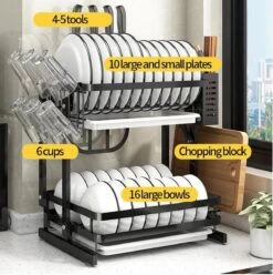 Doogo® Afdruiprek Met Lekbak 2 Laags – Inklapbaar - Muur Hangen Mogelijke - Afwasrek – Met 2 Lekbakken – Extra Accessories Voor Servies En Snijplanken - RVS -Huishoudelijke Winkel 1195x1200