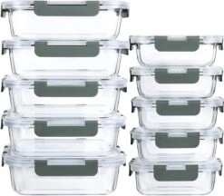 VMCA Glazen Vershoudbakjes Voor Vriezer Oven En Magnetron - 10 Bakjes - Grijs