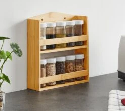 ACAZA Ophangbaar Kruidenrek Met 10 Glazen Kruidenpotjes, Spice Rack, Keuken Rek, Kruiden Organizer Voor Specerijen, Peper, Zout, 26 Cm Breed, Bamboe -Huishoudelijke Winkel 1200x1075