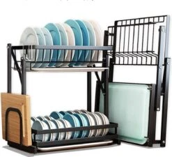 Doogo® Afdruiprek Met Lekbak 2 Laags – Inklapbaar - Muur Hangen Mogelijke - Afwasrek – Met 2 Lekbakken – Extra Accessories Voor Servies En Snijplanken - RVS -Huishoudelijke Winkel 1200x1095