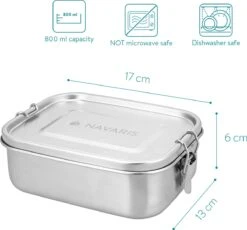 Navaris RVS Broodtrommel Met Verdeler - Meal Prep Bakje - Vershouddoos - Lunchbox - 17 X 13 X 6 Cm - Inhoud 0,8 Liter - Vaatwasbestendig -Huishoudelijke Winkel 1200x1119