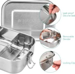 Navaris RVS Broodtrommel Met Verdeler - Meal Prep Bakje - Vershouddoos - Lunchbox - 17 X 13 X 6 Cm - Inhoud 0,8 Liter - Vaatwasbestendig -Huishoudelijke Winkel 1200x1185 4