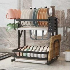 Doogo® Afdruiprek Met Lekbak 2 Laags – Inklapbaar - Muur Hangen Mogelijke - Afwasrek – Met 2 Lekbakken – Extra Accessories Voor Servies En Snijplanken - RVS -Huishoudelijke Winkel 1200x1195