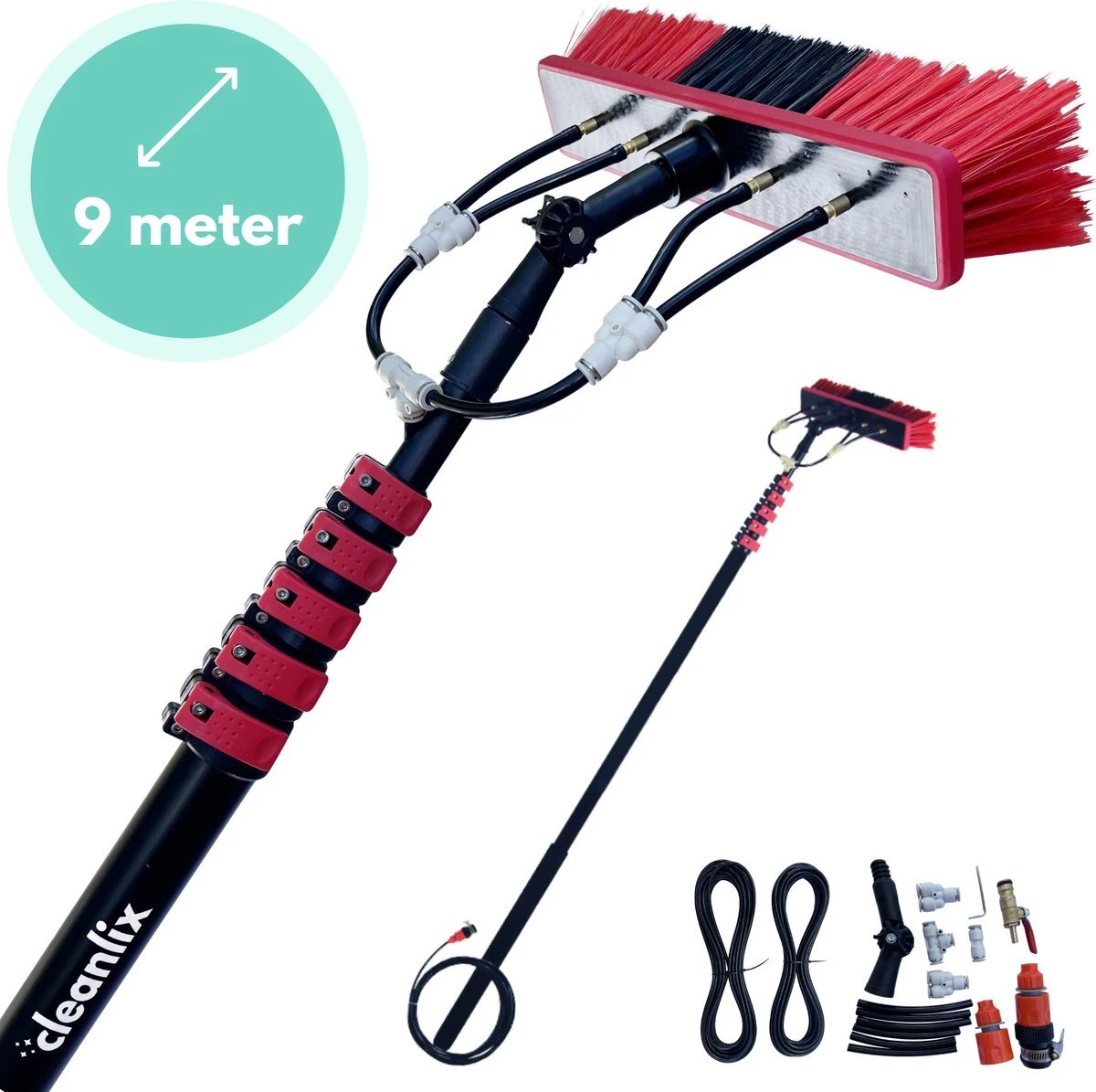 Cleanlix Telescoopsteel Met Borstel - Met Waterdoorvoer - Telescopische Wasborstel - Ramenwassen - Uitschuifbaar Tot 9 Meter 3 Cleanlix Telescoopsteel Met Borstel - Met Waterdoorvoer - Telescopische Wasborstel - Ramenwassen - Uitschuifbaar Tot 9 Meter