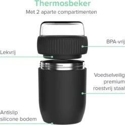 Coninx Thermos Lunchbox - Muesli Beker To Go - Isoleer Lunchpot - Yoghurtbeker To Go - Mueslibeker 840ml (600ml+240ml) - RVS / Zwart -Huishoudelijke Winkel 1200x1198 31