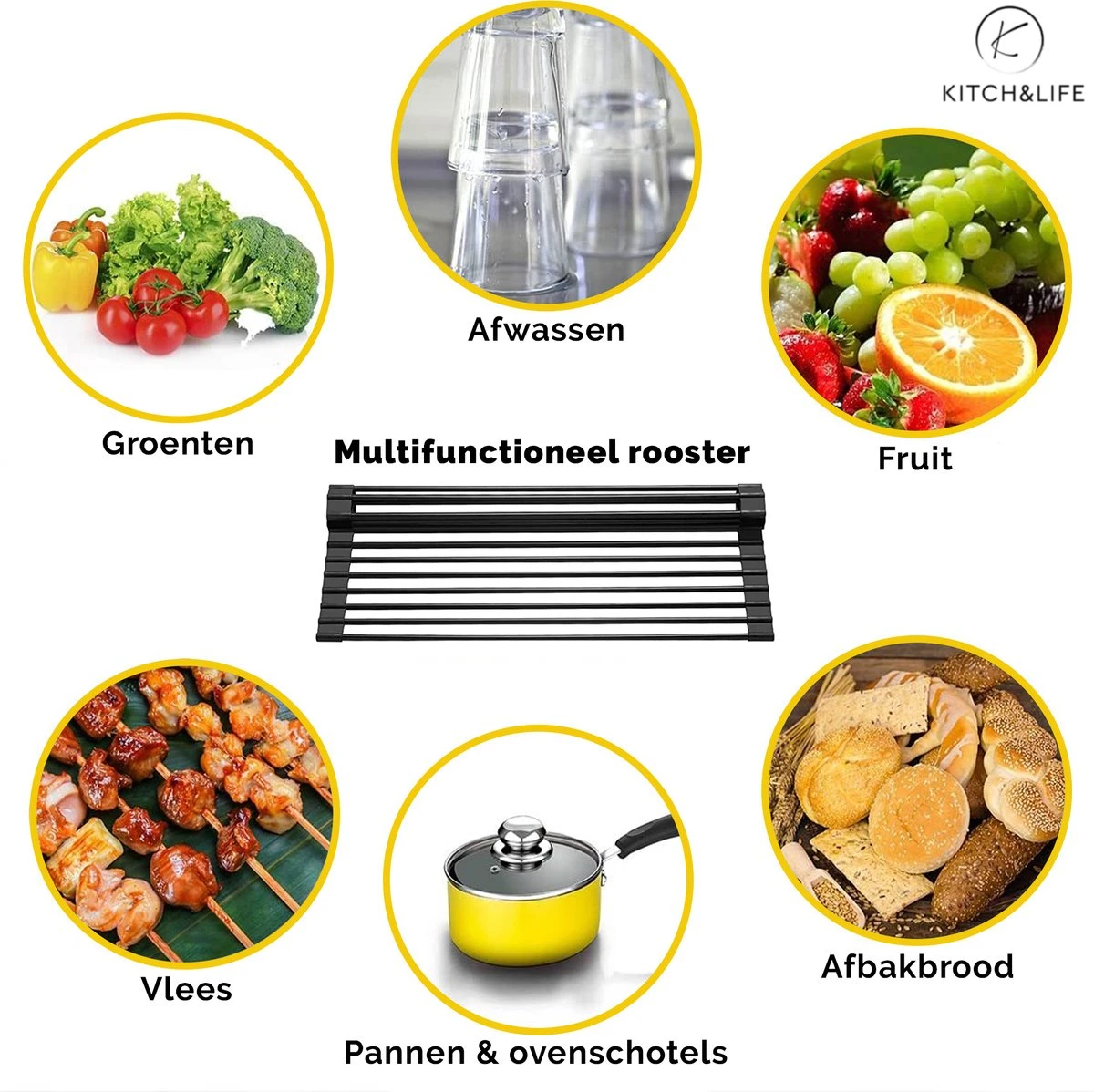 Kitch&Life Afdruiprek Oprolbaar - Mat Zwart - Pannenonderzetter - Afdruipmat - Keukenrek 3-in-1 4 Kitch&Life Afdruiprek Oprolbaar - Mat Zwart - Pannenonderzetter - Afdruipmat - Keukenrek 3-in-1 - Afbeelding 2