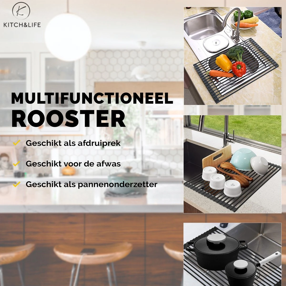 Kitch&Life Afdruiprek Oprolbaar - Mat Zwart - Pannenonderzetter - Afdruipmat - Keukenrek 3-in-1 5 Kitch&Life Afdruiprek Oprolbaar - Mat Zwart - Pannenonderzetter - Afdruipmat - Keukenrek 3-in-1 - Afbeelding 3