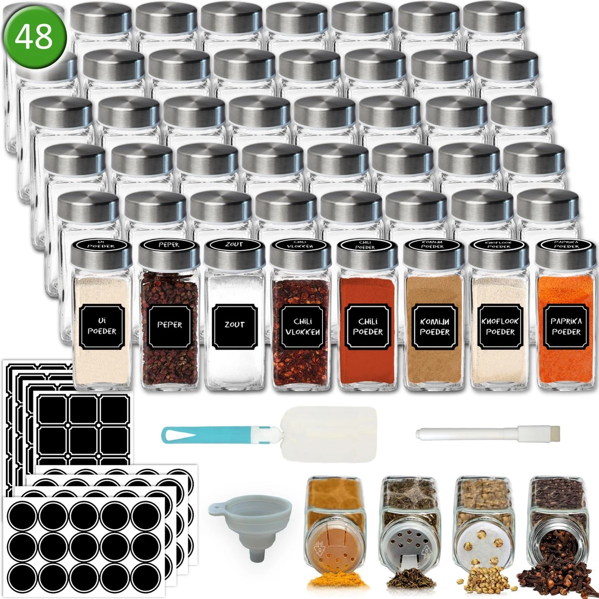 Soothe 48 Glazen Kruidenpotjes Set Met 2 Soorten Strooideksels – Kruidenstrooier – Compleet Pakket Incl Kruidenpotjes Stickers, Krijtstift En Accessoires 3 Soothe 48 Glazen Kruidenpotjes Set Met 2 Soorten Strooideksels – Kruidenstrooier – Compleet Pakket Incl Kruidenpotjes Stickers, Krijtstift En Accessoires