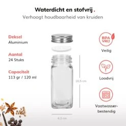 Deleca 24 Glazen Kruidenpotjes - Incl. 3 Soorten Stickers En Strooideksel Set - Voorraadpotten Glas Met Deksel - Kruidenstrooier - 10,5 X 4,3 Cm - Vierkant / 120 Ml -Huishoudelijke Winkel 1200x1200 405