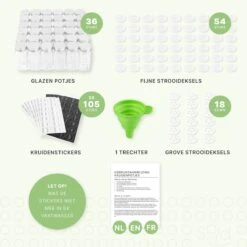 36 Glazen Kruidenpotjes Vierkant Met Deksel - Kruidenstrooier - Complete Set Met Strooideksels, Voorbedrukte Stickers En Trechter - Inhoud 120 Ml - 10,5 X 4,3 Cm -Huishoudelijke Winkel 1200x1200 507