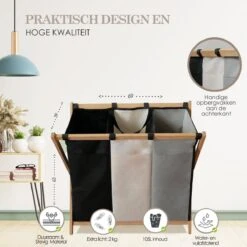 MIRI Wasmand 3 Vakken BAMBOE – Wassorteerder – Hout – Opvouwbaar – Wasbox – 105L – Gratis Schroevendraaier – Wasmanden – Laundry Basket -Huishoudelijke Winkel 1200x1200 583