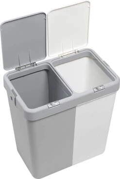 Motek® - Wasmand - 2 Vakken Met Deksel - Met Touch Deksel - Gemaakt Van 100% Gerecycled Kunststof - 80 L - Wasmand Met Deksel - Wassorteerder - Grijs - Wit -Huishoudelijke Winkel 806x1200