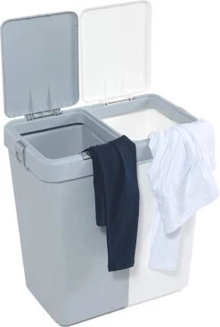 Motek® - Wasmand - 2 Vakken Met Deksel - Met Touch Deksel - Gemaakt Van 100% Gerecycled Kunststof - 80 L - Wasmand Met Deksel - Wassorteerder - Grijs - Wit -Huishoudelijke Winkel 808x1200